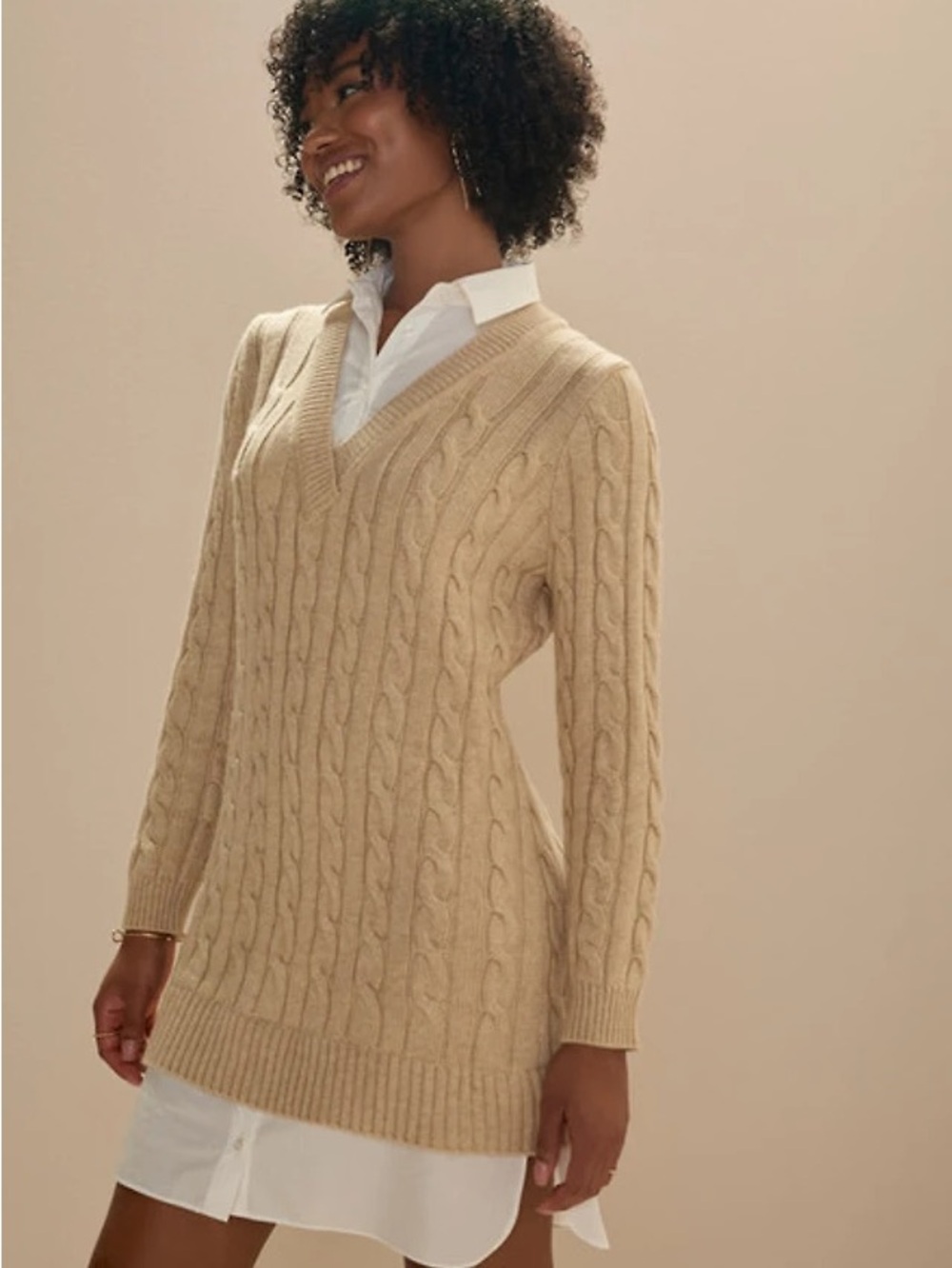 Francesca’s Audrey Parks Collection Tan Cable Knit Sweater Dress with Collar